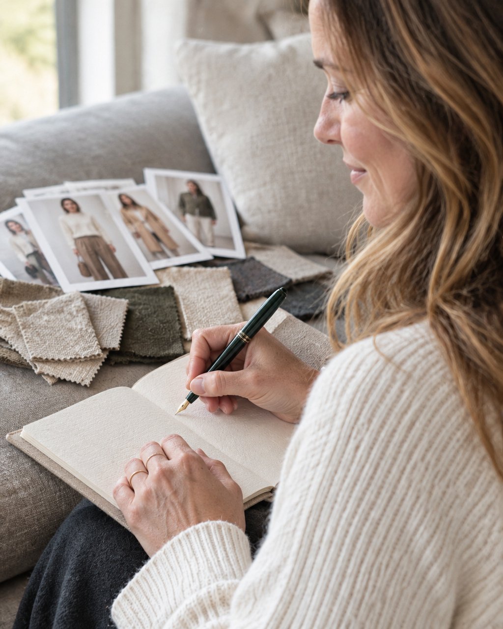 Heather Oja taking notes beside fabric swatches and outfit photos