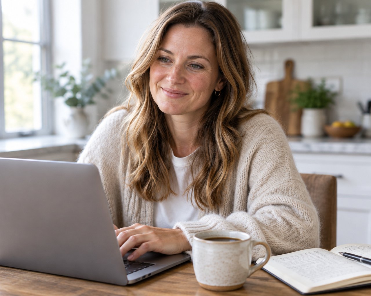 Heather Oja writing at her kitchen table with a laptop and coffee
