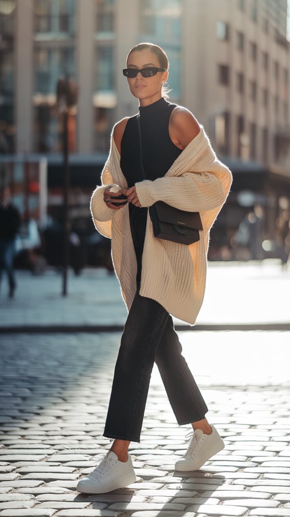 sneakers paired with cardigan