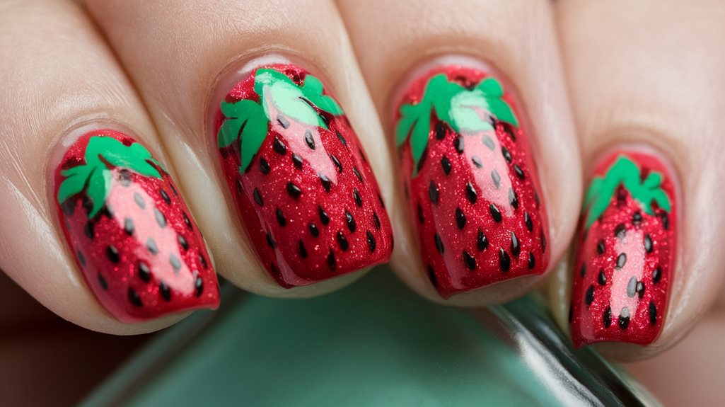 strawberry themed nail design