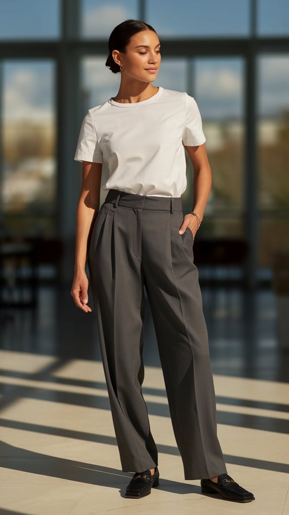 tucked shirt high waisted trousers