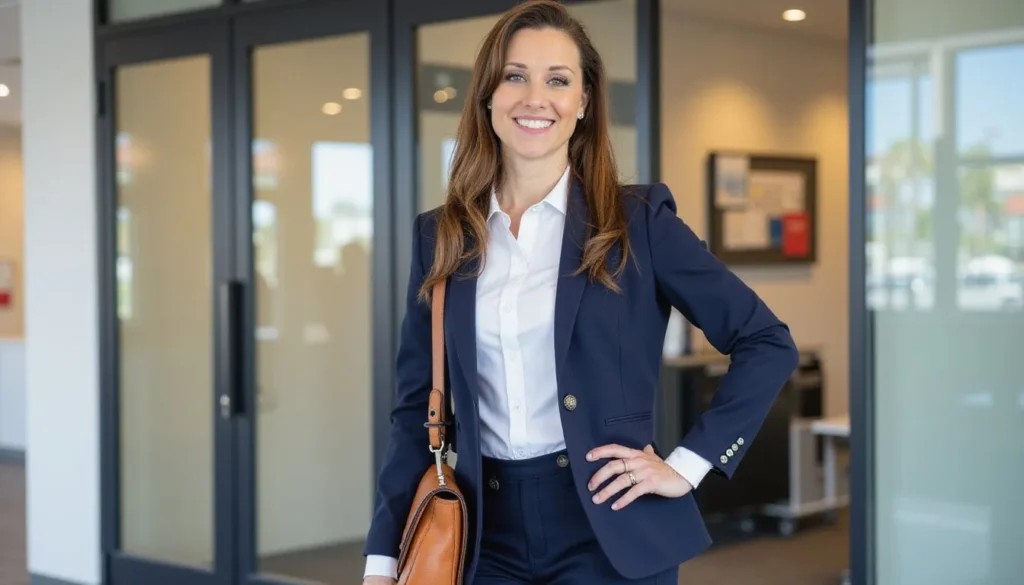 Woman wearing expensive-looking navy blazer and white shirt demonstrating how budget clothes can look luxurious with proper fit and styling