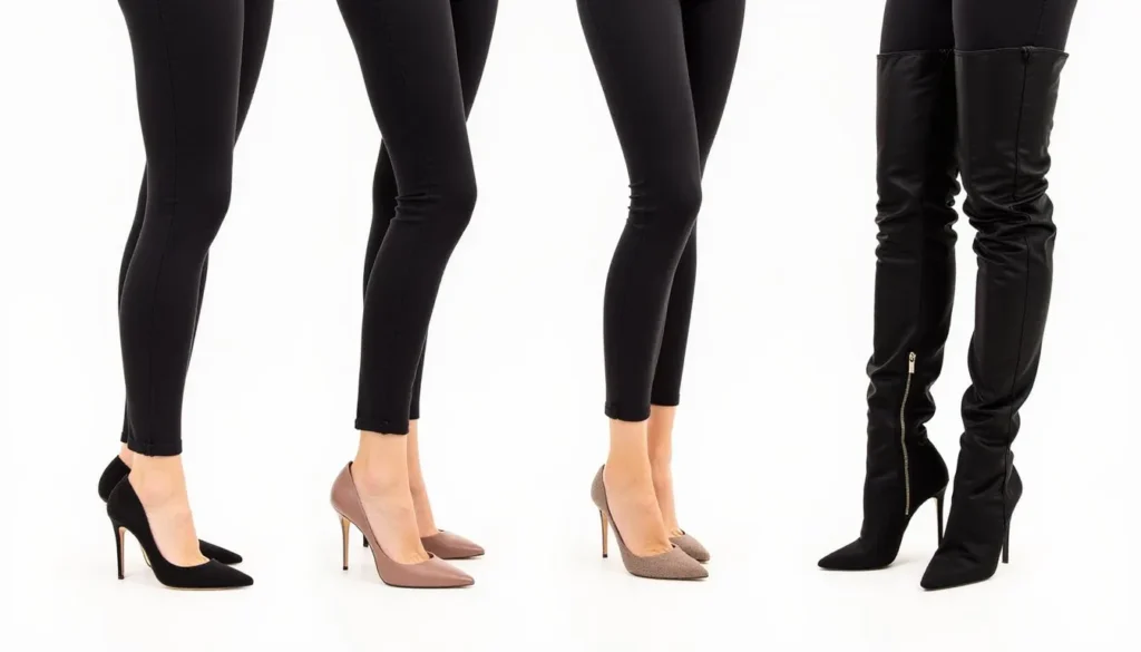 Comparison of different shoe styles showing how pointed-toe pumps, skin-tone flats, high heels, and over-the-knee boots affect leg length appearance