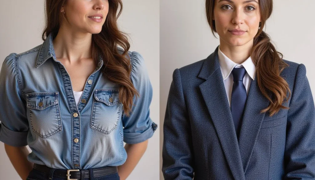 Before and after comparison showing how proper clothing fit transforms the same outfit from cheap-looking to expensive-looking