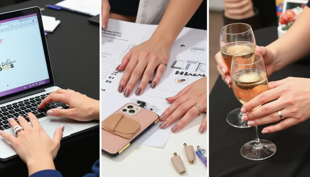 Three different neutral nail styles for professional, creative, and social settings showing versatility of neutral manicures