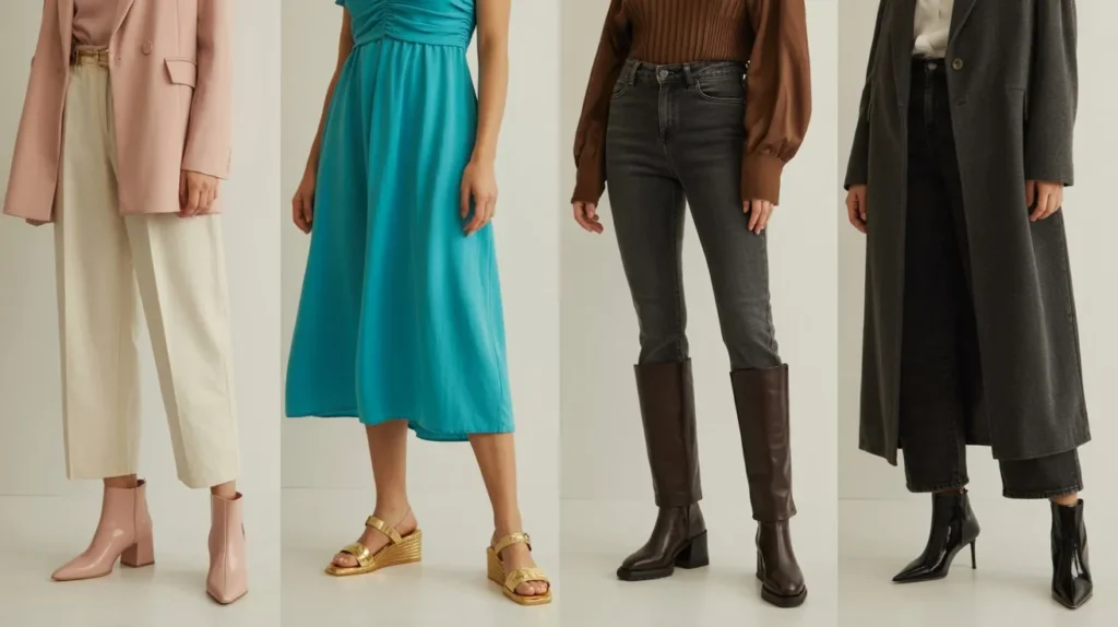 Seasonal shoe styling guide showing leg-lengthening footwear options for spring, summer, fall, and winter outfits