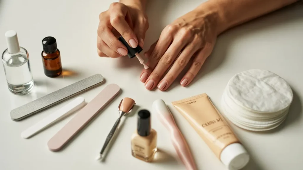 Essential nail care tools and products for maintaining long-lasting neutral manicures including oils, files, and polishes