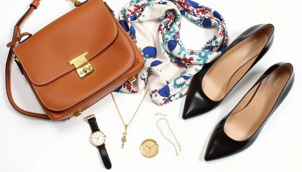 Flat lay arrangement of expensive-looking accessories including leather handbag, watch, and jewelry that elevate any outfit on a budget