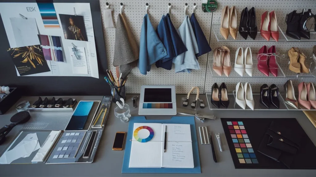 Professional fashion stylist workspace showing tools, color theory, and curated shoe collections used for creating leg-lengthening looks