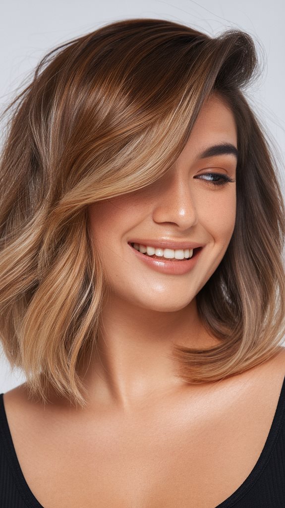 stylish balayage side swept lob