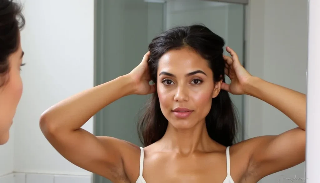 Woman determining her face shape by looking in mirror and pulling hair back to reveal facial structure for hairstyle selection