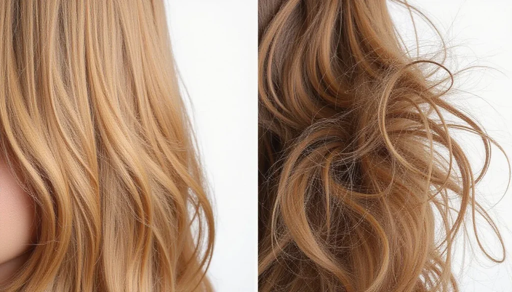 Macro view comparing healthy hair cuticles versus damaged frizzy hair cuticles under microscope