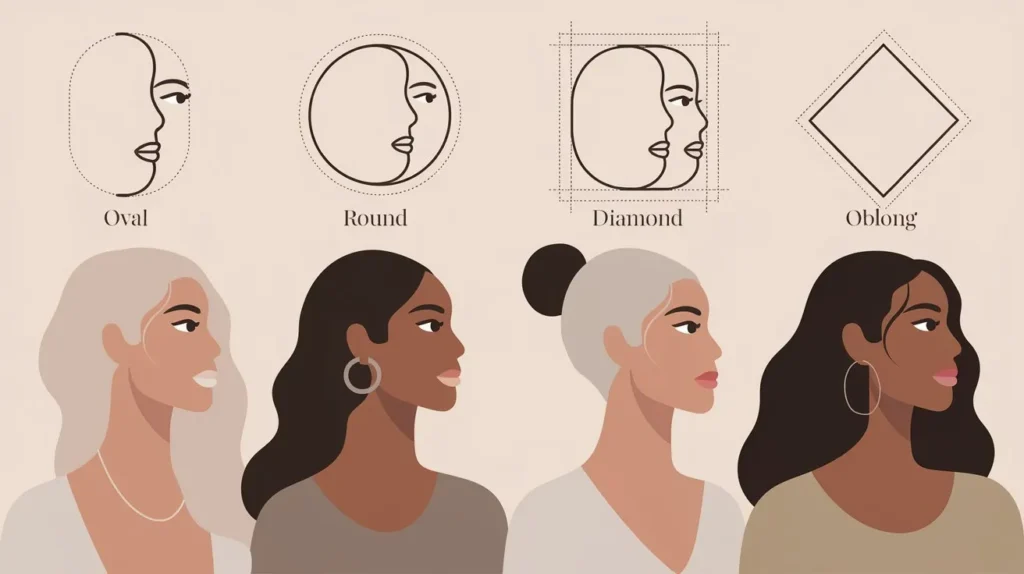 Professional infographic showing the six main face shapes - oval, round, square, heart, diamond, and oblong - with identifying characteristics