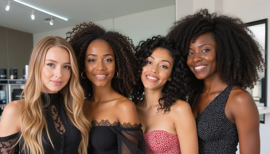 Four women showcasing different hair types - straight, wavy, curly, and coily - all with healthy frizz-free styles