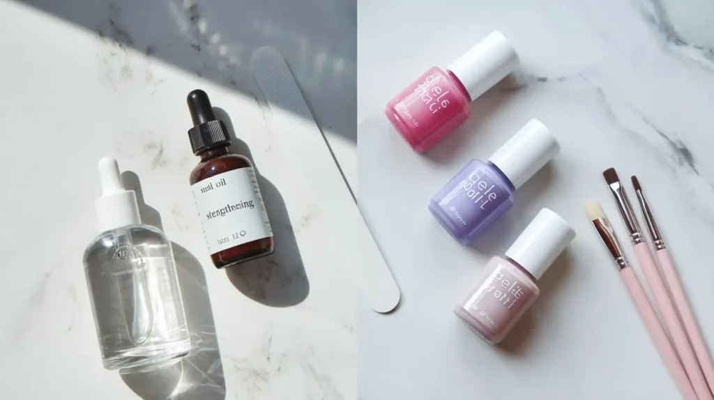Visual representation of the 70/30 rule showing nail health products versus nail art supplies in proper proportion