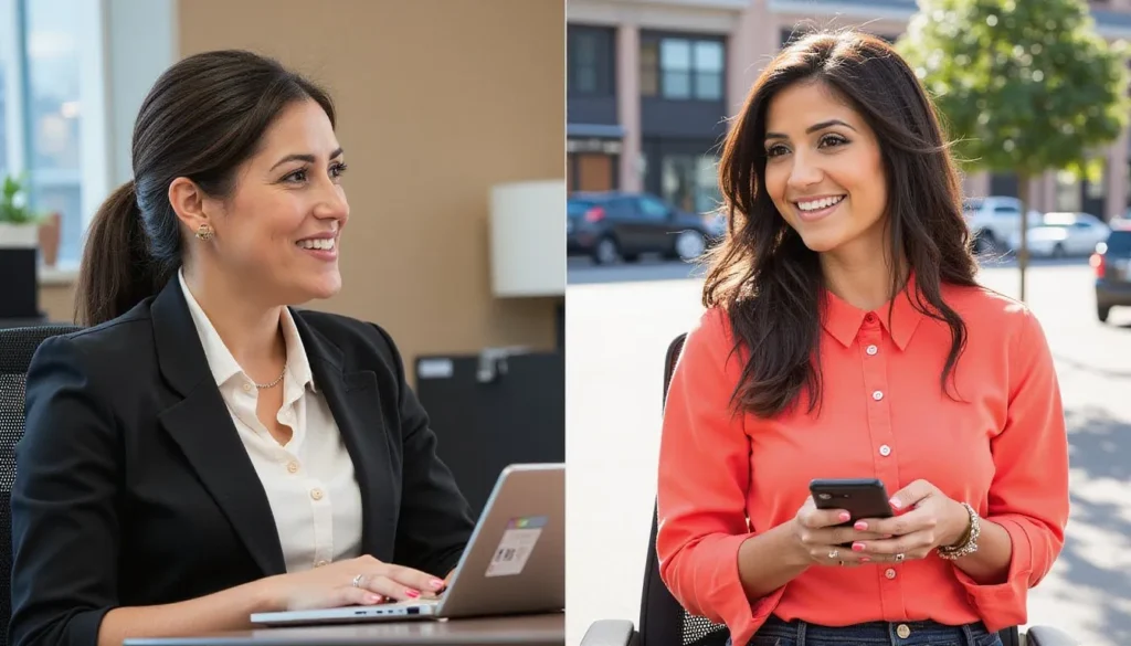 Side-by-side comparison of professional neutral nails with business attire versus casual bright nails with weekend outfit