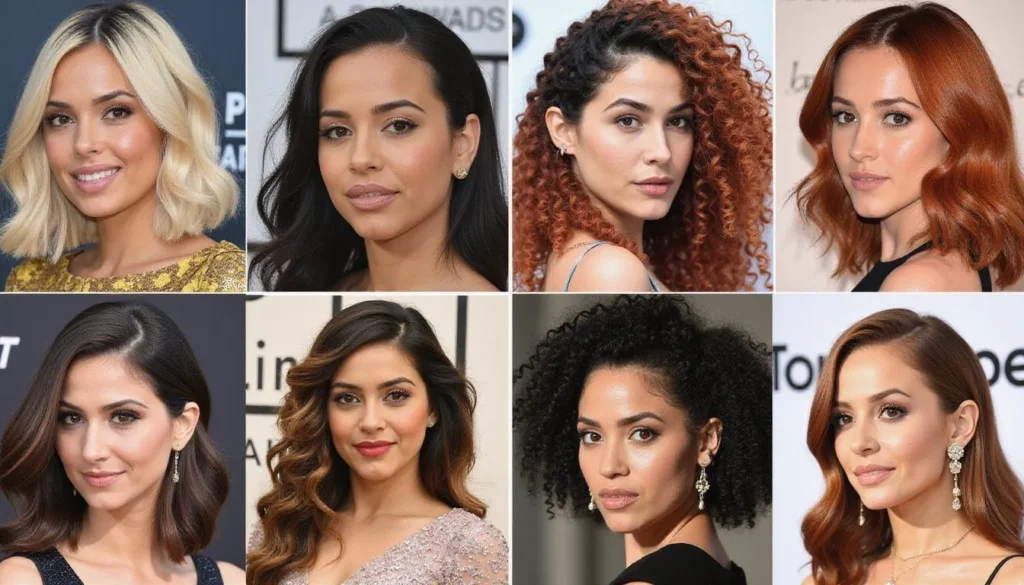 Collection of most flattering hairstyles for different face shapes featuring diverse women with modern cuts and colors