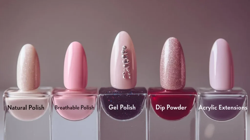 Different types of nail art ranked by health impact from safest traditional polish to highest risk acrylic extensions