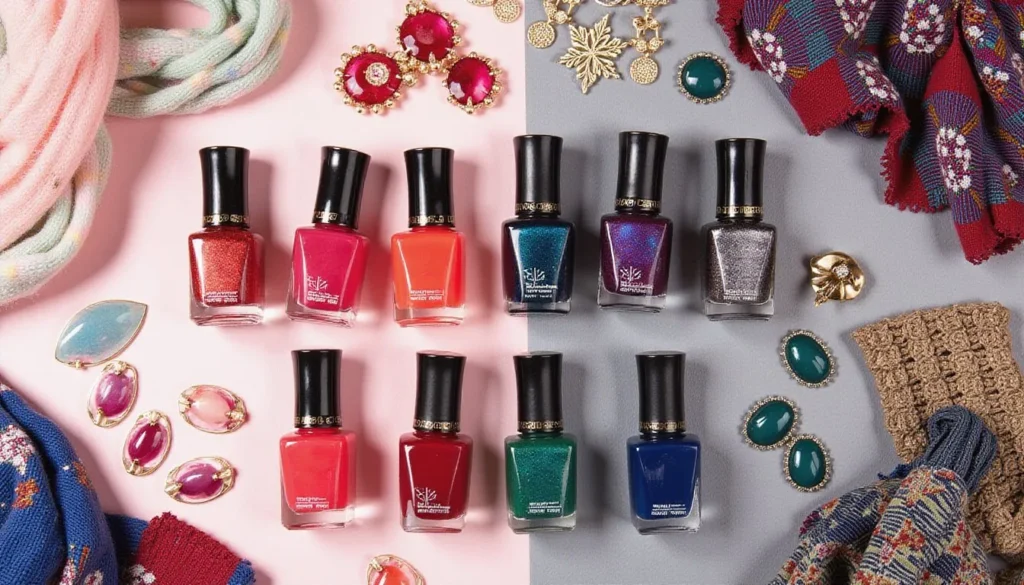 Four seasonal nail polish collections showing spring pastels, summer brights, fall jewel tones, and winter metallics with coordinating accessories
