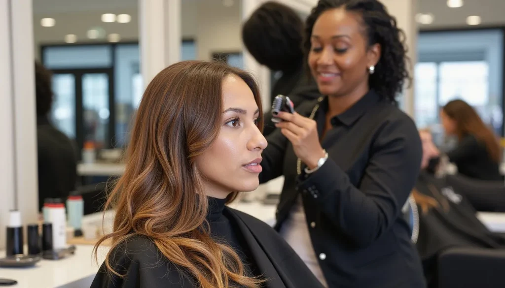 Professional hairstylist creating modernhair trends on client at upscale salon, demonstrating expert styling techniques