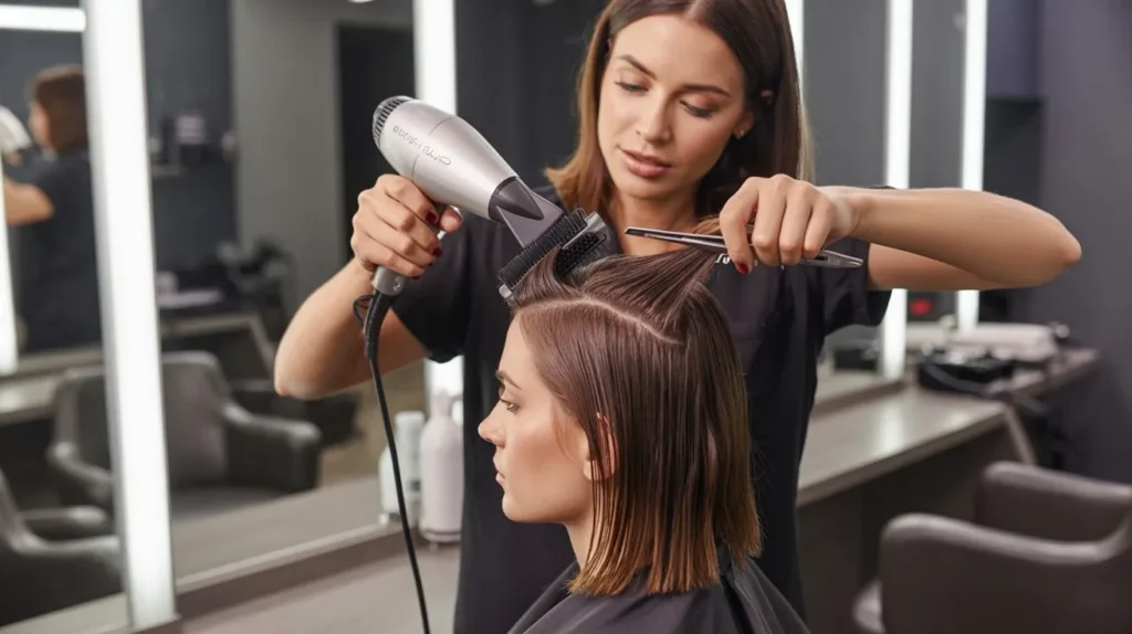 Professional hairstylist demonstrating proper blow-dry sectioning technique for long-lasting frizz-free styles