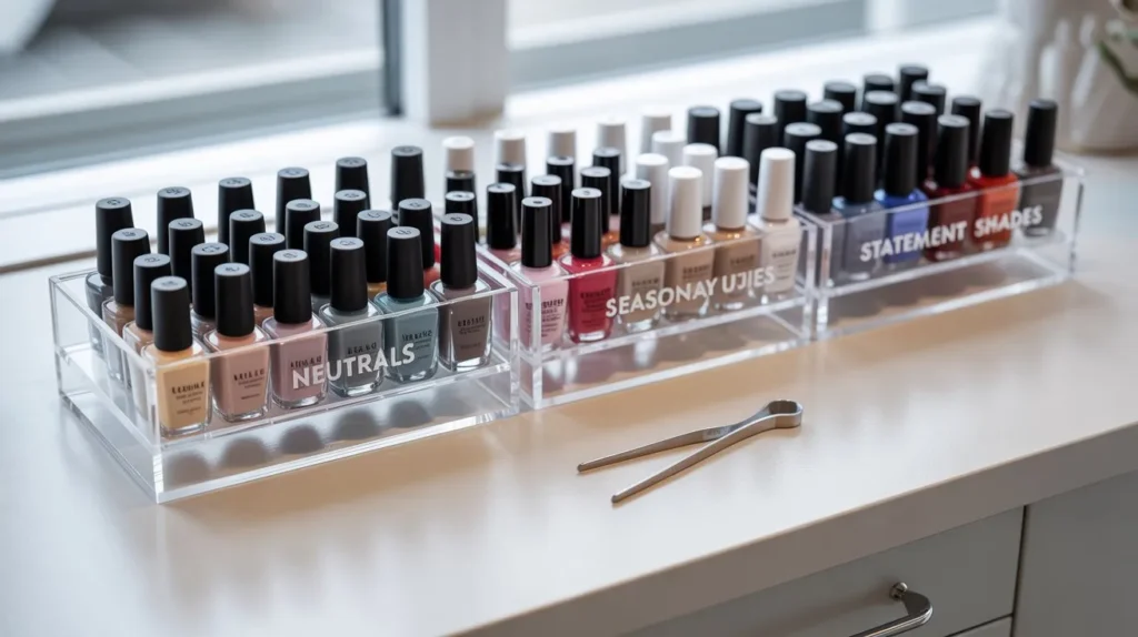 Organized nail polish collection showing essential neutral, seasonal, and statement colors arranged in clear storage system