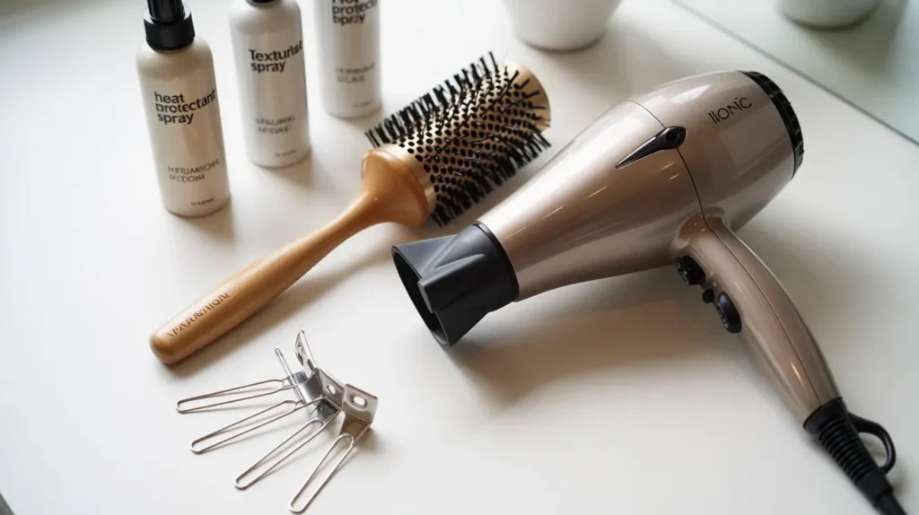 Essential professional hair styling tools and products including heat protectant, round brush, hair dryer, and styling products for perfect results