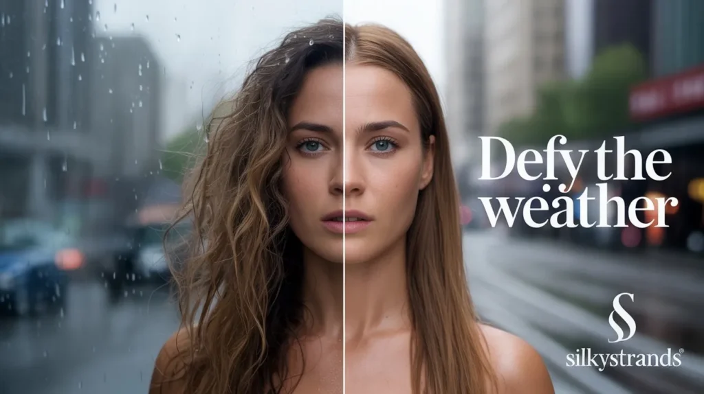 Before and after comparison showing frizzy hair versus humidity-proof smooth hair in the same weather conditions
