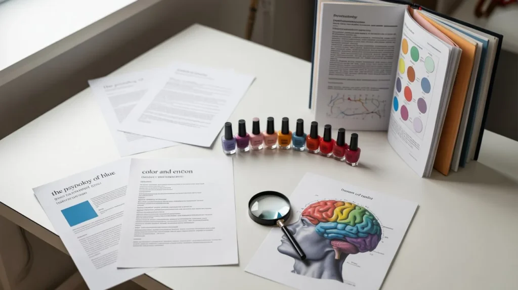 Scientific research papers on color psychology with nail polish bottles arranged by color spectrum, illustrating the academic foundation of nail color personality analysis