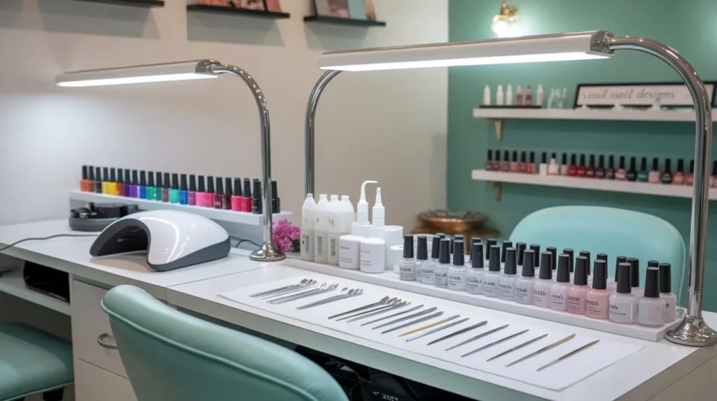 Nail salon setup for gel and acrylic nail application process