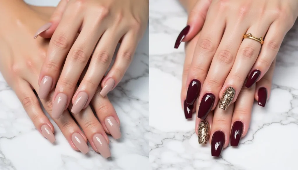 Gel vs acrylic nails comparison showing natural gel nails and dramatic acrylic extensions