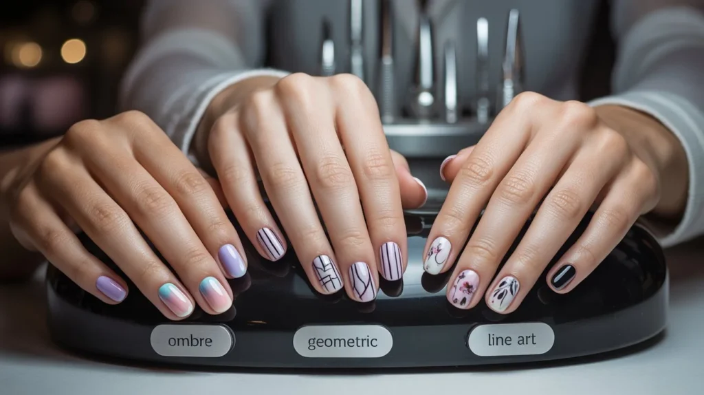 Various nail art designs including gradient ombre, geometric patterns, floral art, and minimalist lines showcasing different personality expressions through nail design choices