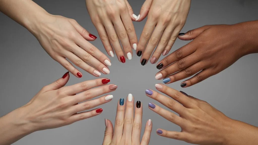 Diverse women's hands showing different nail polish colors including red, pink, black, blue, and nude, representing various personality types in nail color psychology