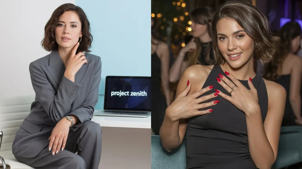 Professional woman showing strategic nail color choices - neutral nude nails for business settings and bold red nails for social occasions, demonstrating practical color psychology applications