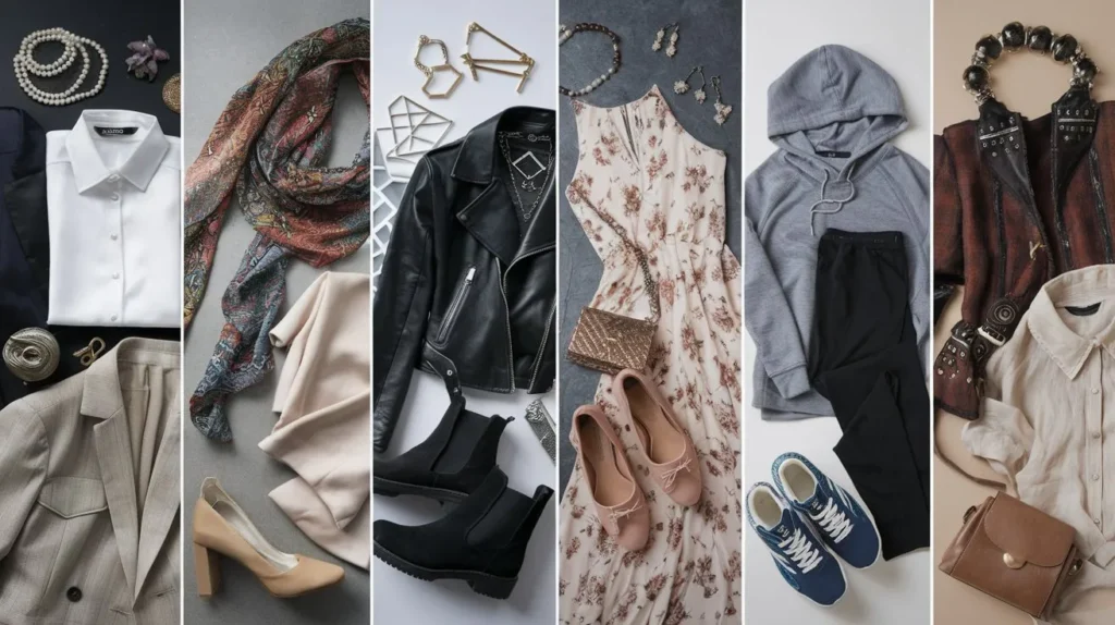 Seven different style personalities for capsule wardrobes displayed as flat lay comparison showing classic, bohemian, edgy, romantic, sporty, dramatic and natural style elements