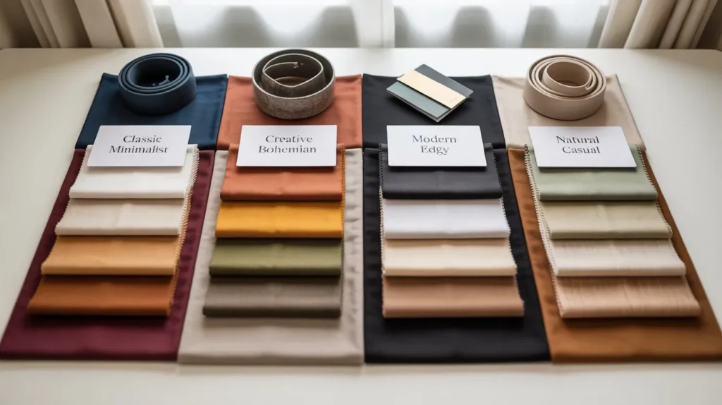Organized color palettes for different capsule wardrobe styles showing fabric swatches and accessories in coordinated neutral and accent colors