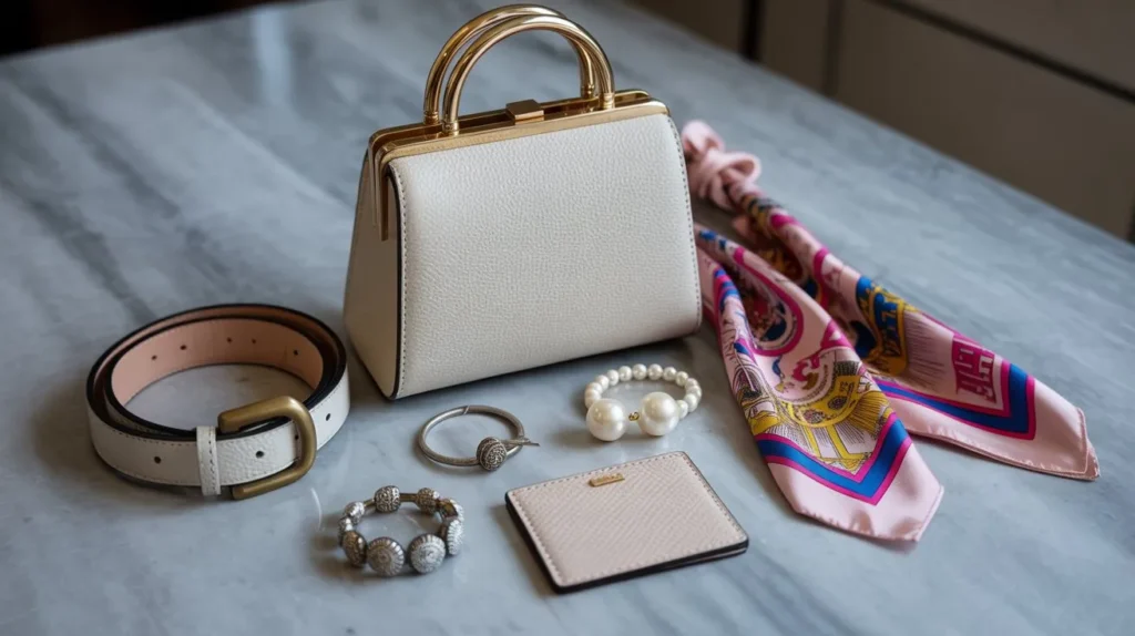 Collection of signature statement accessories including jewelry, scarves, belts and bags that add personality to minimalist capsule wardrobes