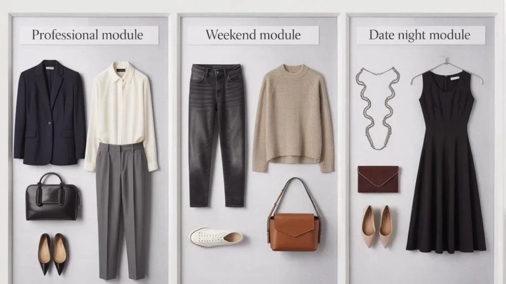 Three capsule wardrobe modules showing professional, weekend and date night outfit combinations with coordinated pieces laid out systematically