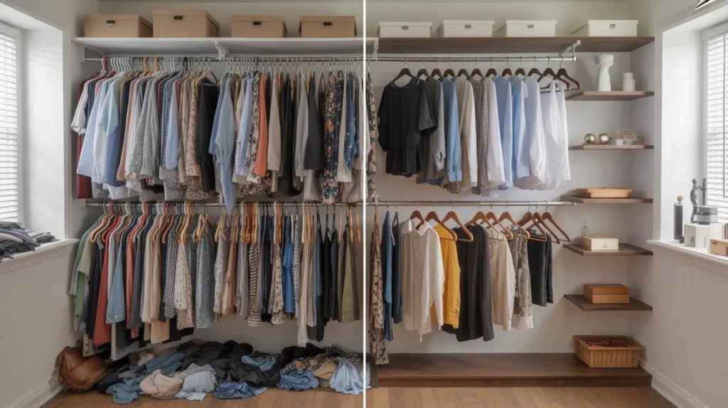 Before and after comparison showing cluttered closet transformed into organized capsule wardrobe with coordinated pieces and systematic arrangement