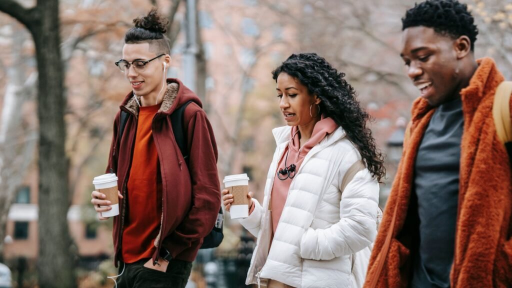 diverse group of friends in casual clothing walking together