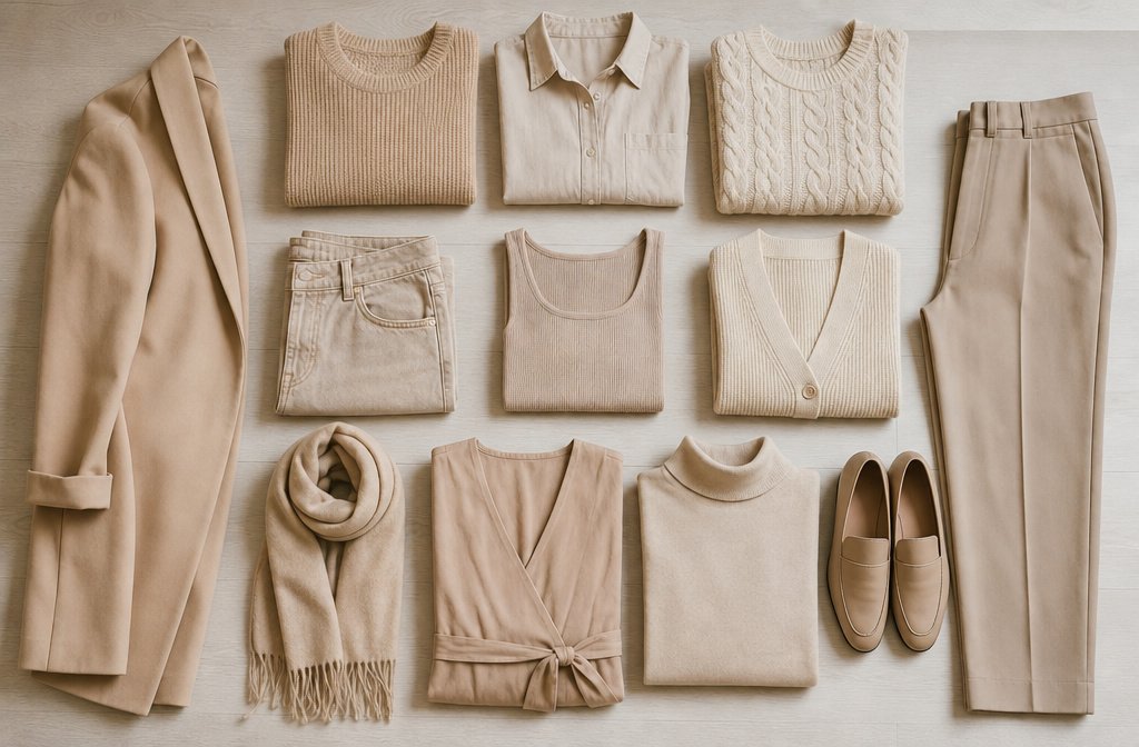 Overhead flat lay of an all-beige generic capsule wardrobe with no signature color or personality
