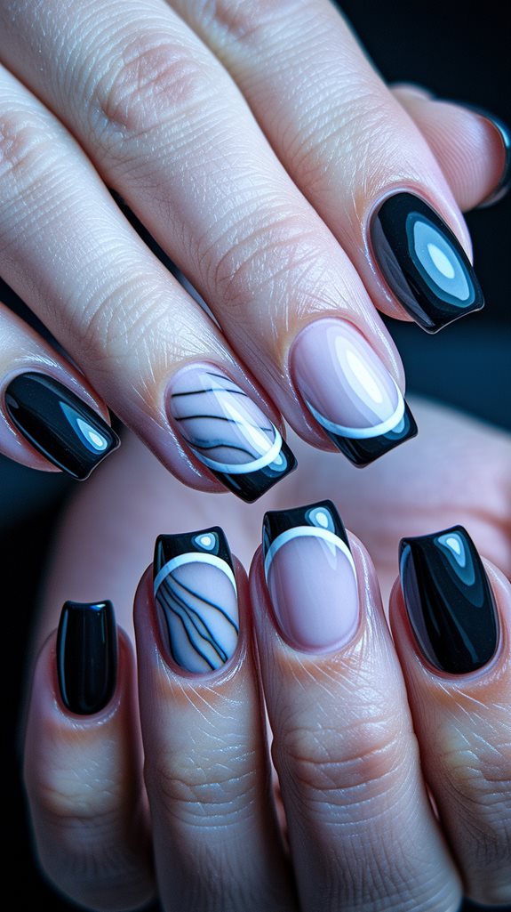 marble patterned black nail tips
