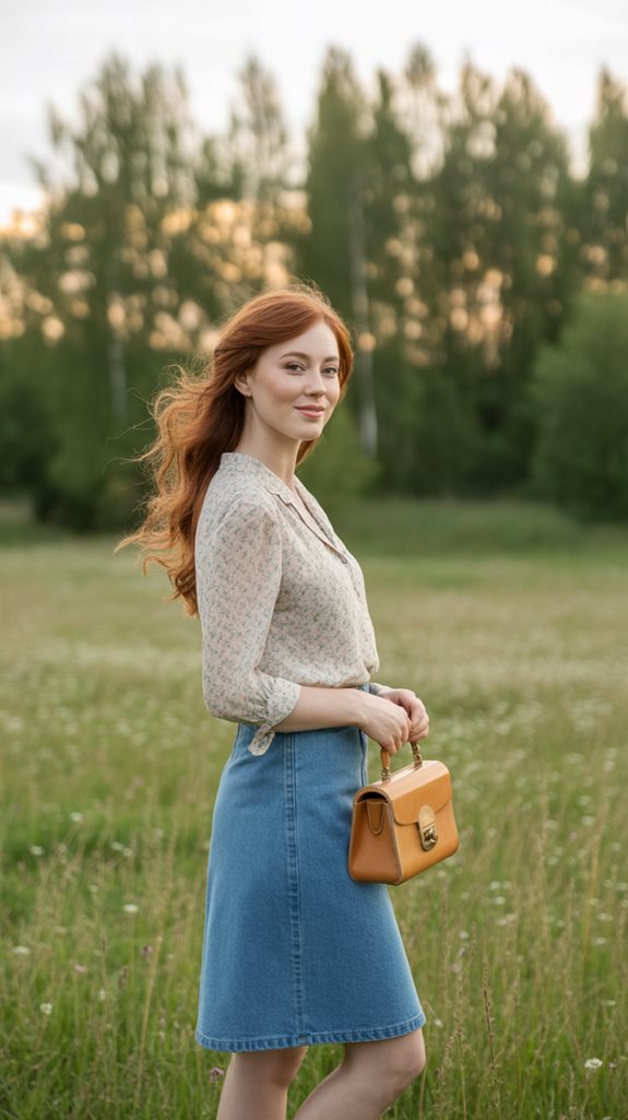 floral blouse denim skirt