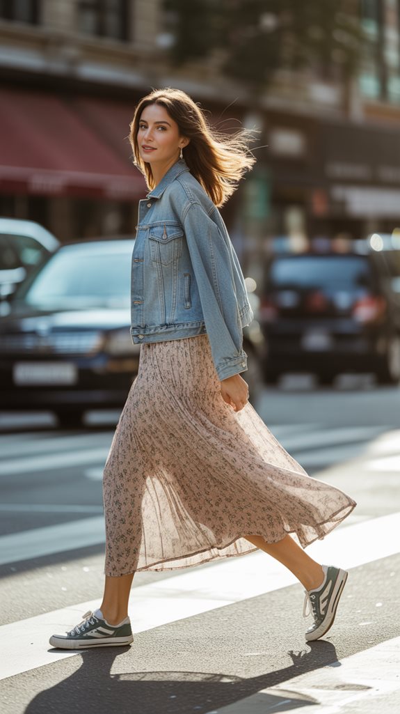 denim jacket maxi skirt outfits