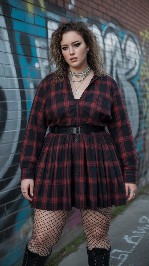 plaid dress fishnet tights