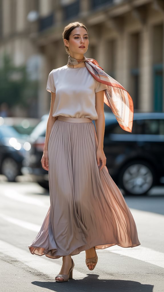 silk scarf enhances maxi skirt