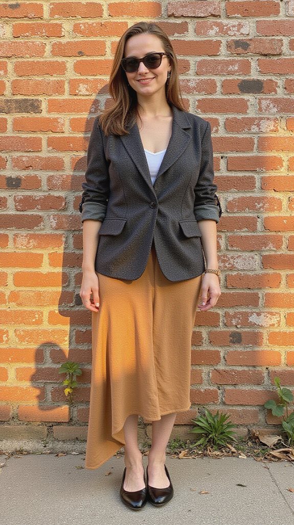 asymmetrical skirt blazer flats