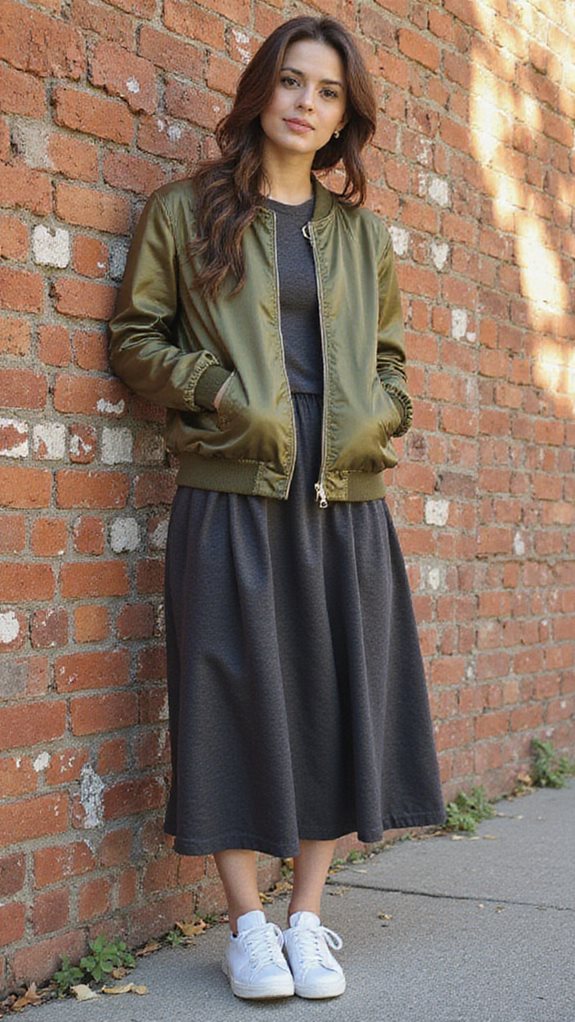 bomber jacket midi dress sneakers