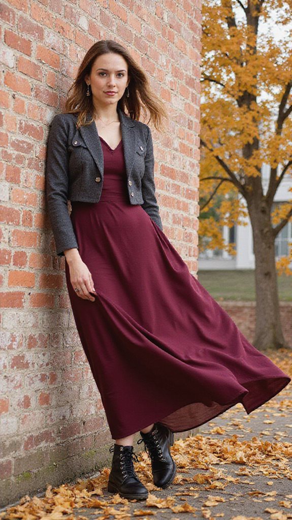 cropped jacket maxi dress combat boots