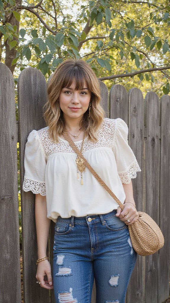lace blouse mom jeans crossbody